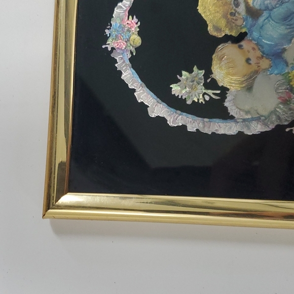 Vtg 80s baby and teddy bear framed foil art kafka industries #0542 - Picture 2 of 6
